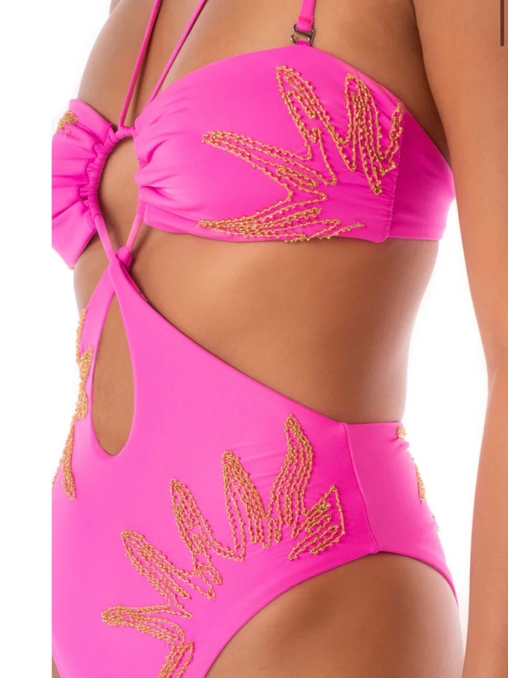 Maaji swimsuit -pink cutout one piece bathing suit gold beading Caramel Sun sz L
